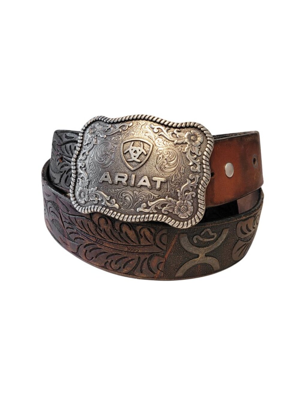 Ariat Floral Embossed Belt Buckle with Hand Tooled Leather Belt